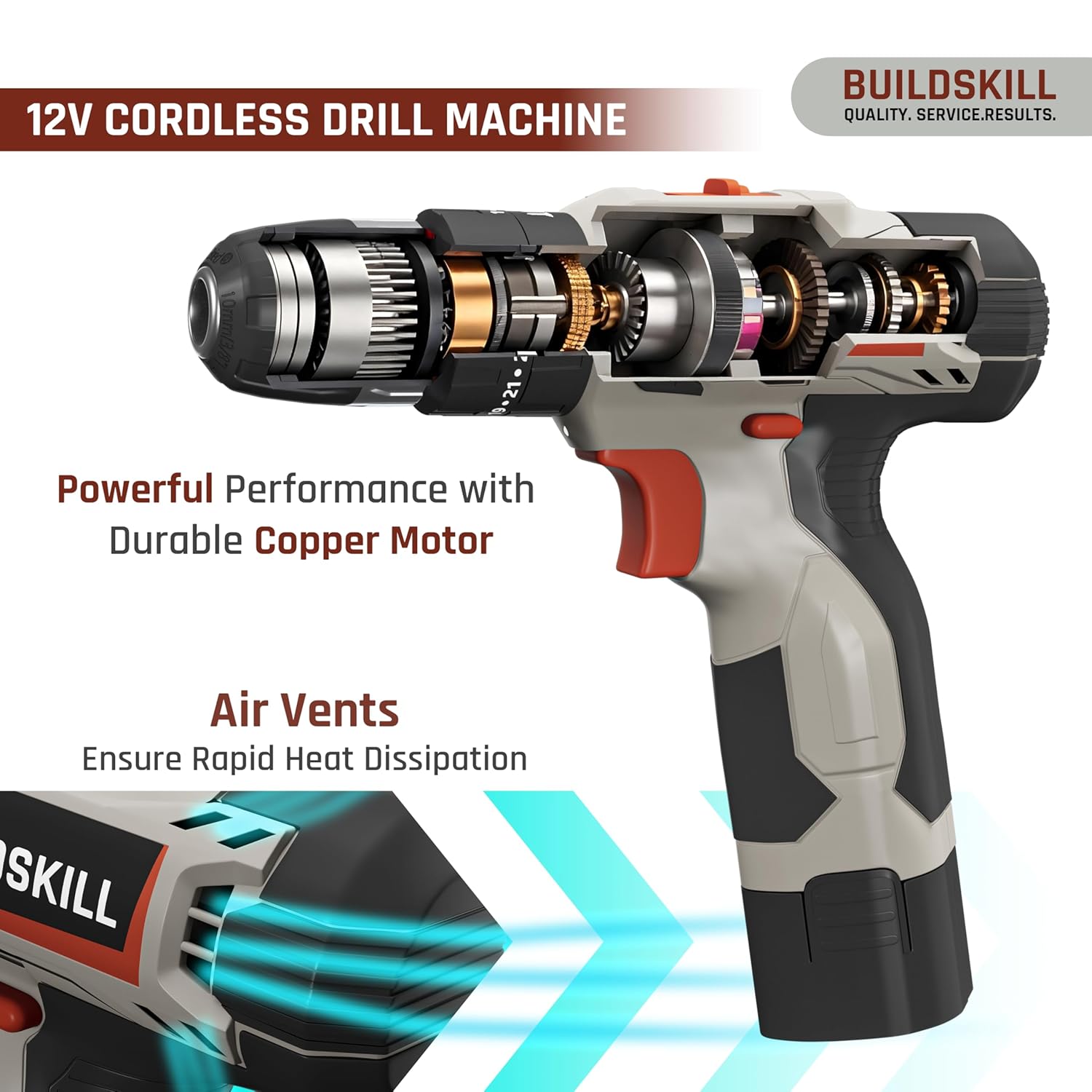 BUILDSKILL 69 Pcs | 12V Cordless Drill Machine Tool Kit 10MM Keyless Chuck,Copper Armature, 3M Auto Measuring Tape, CRV Bits, TPR Screwdriver | Home Tools Box Kit with Drill Machine (6 Month Warranty)