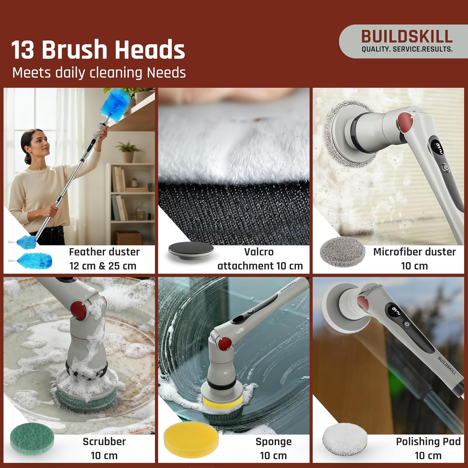 BUILDSKILL 13 in 1 Advanced Electric Spin Scrubber with LED Display | IPX6 Waterproof | 3 Speeds | 4 Angles | Telescopic SS Handle | 2.5Ah Type-C| Tiles, Slabs, Car & Bathroom Cleaning Brush Electric