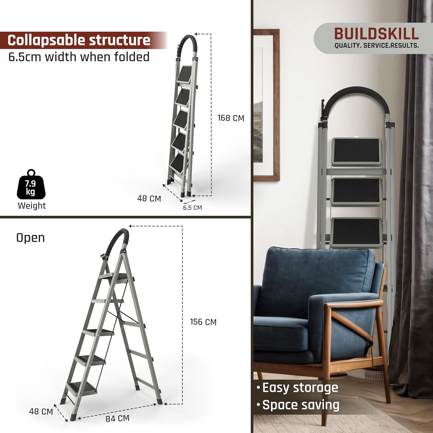 BUILDSKILL 5 Step Ladder for Home Use with Built-in Tool Tray | Heavy Duty D Shape Rods | 20 x 30 cm Large Platform | Wide Rubber Feet | Secure Lock | 150Kg Capacity Foldable Ladder - 5 Years Warranty