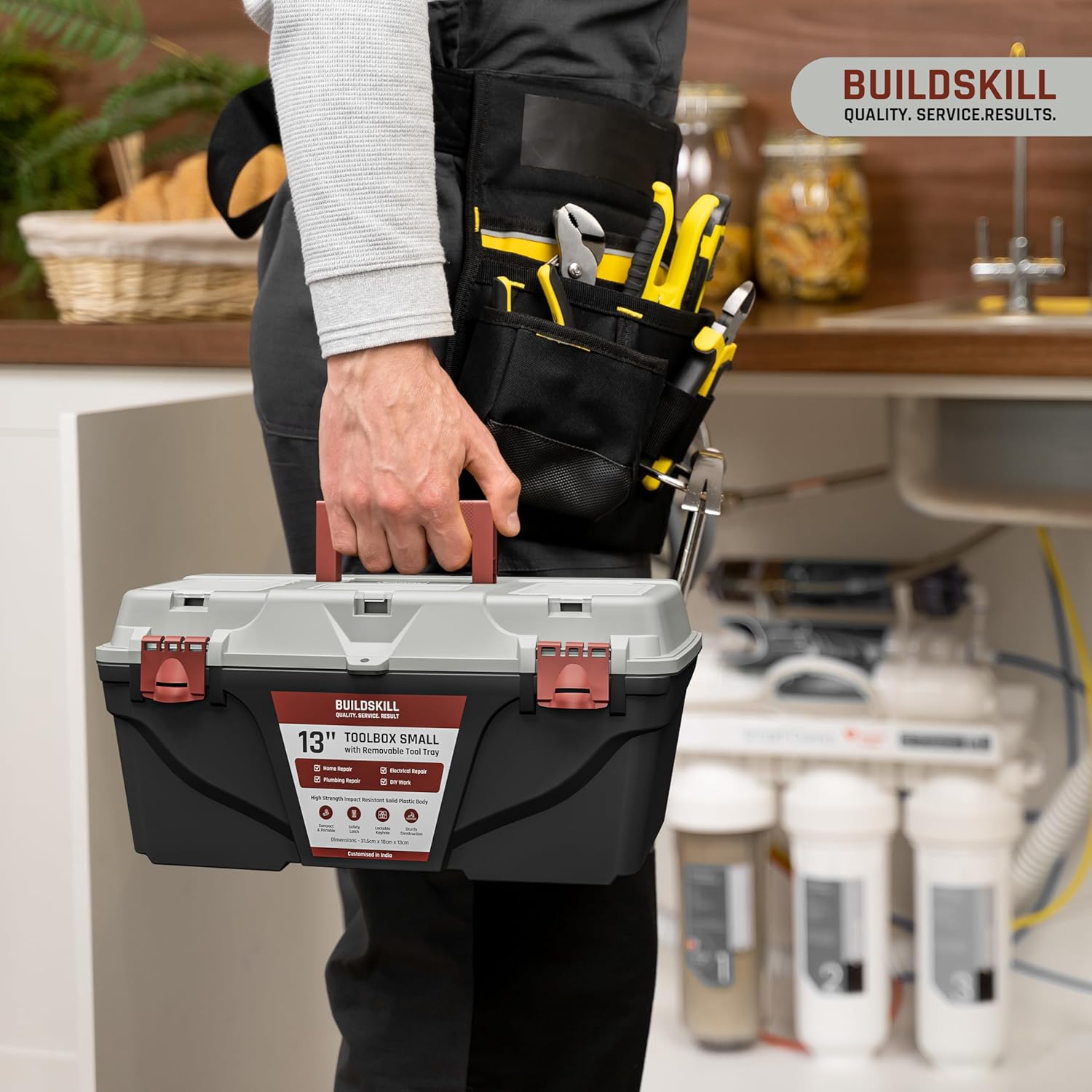 BUILDSKILL 13" Small Tool Box for Home | Convenient Top Lids & Removable Tool Tray | Secure Latch Lock | Key Hole | Heavy Duty Impact Resistant Body | Ideal Repair Toolbox for DIY & Professional Use