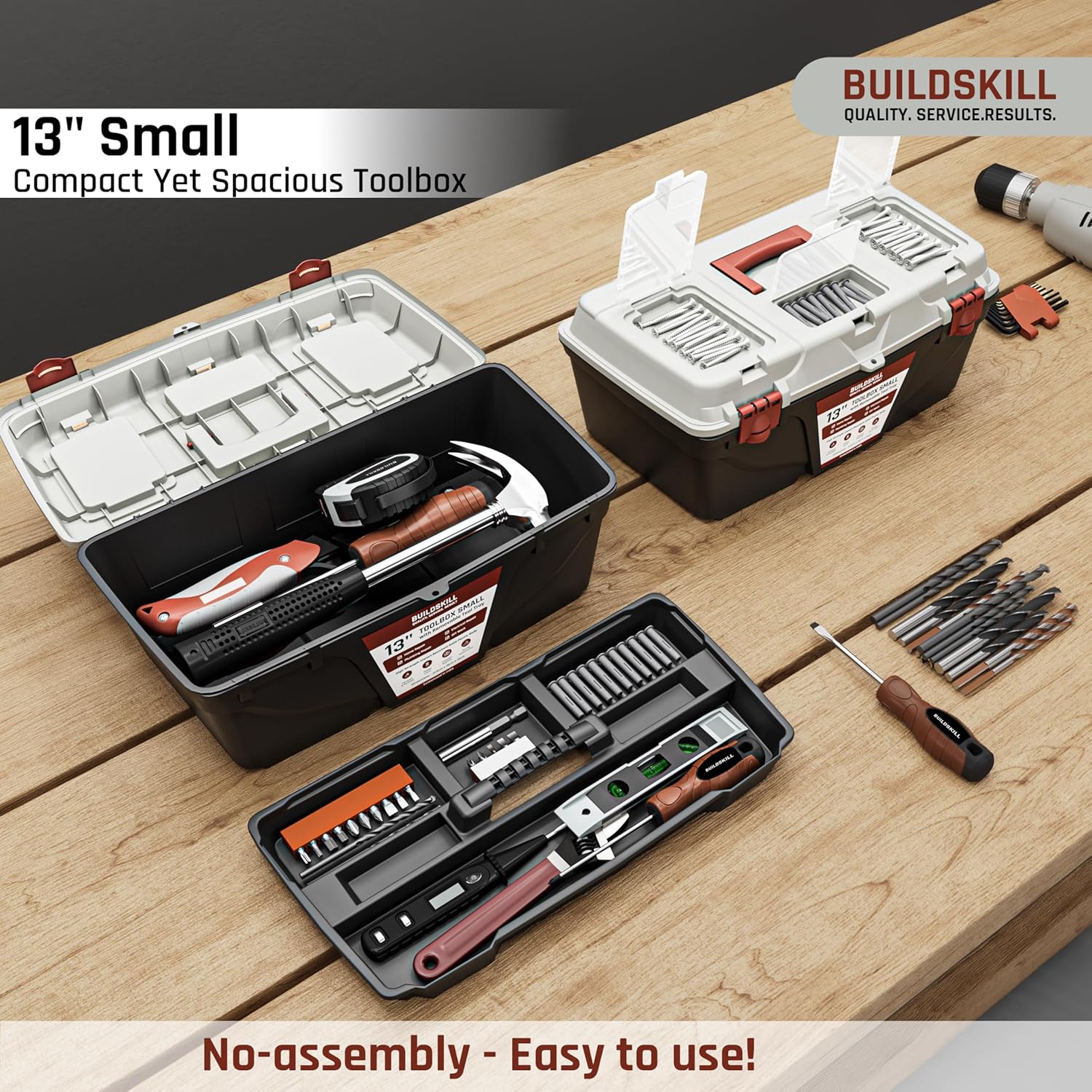 BUILDSKILL 13" Small Tool Box for Home | Convenient Top Lids & Removable Tool Tray | Secure Latch Lock | Key Hole | Heavy Duty Impact Resistant Body | Ideal Repair Toolbox for DIY & Professional Use