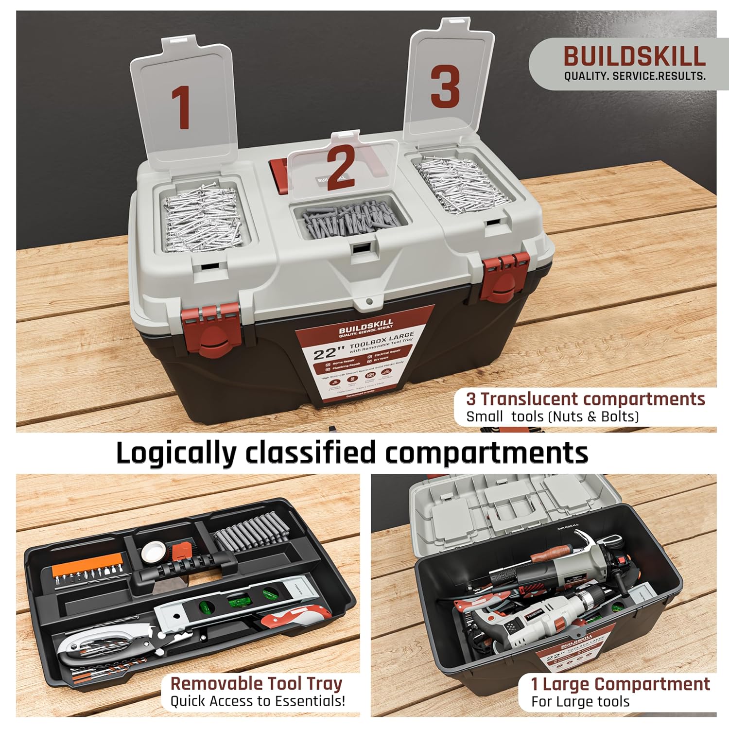 BUILDSKILL 22" Large Tool Box for Home | Convenient Top Lids & Removable Tool Tray | Secure Latch Lock | Key Hole | Heavy Duty Impact Resistant Body | Ideal Repair Toolbox for DIY & Professional Use
