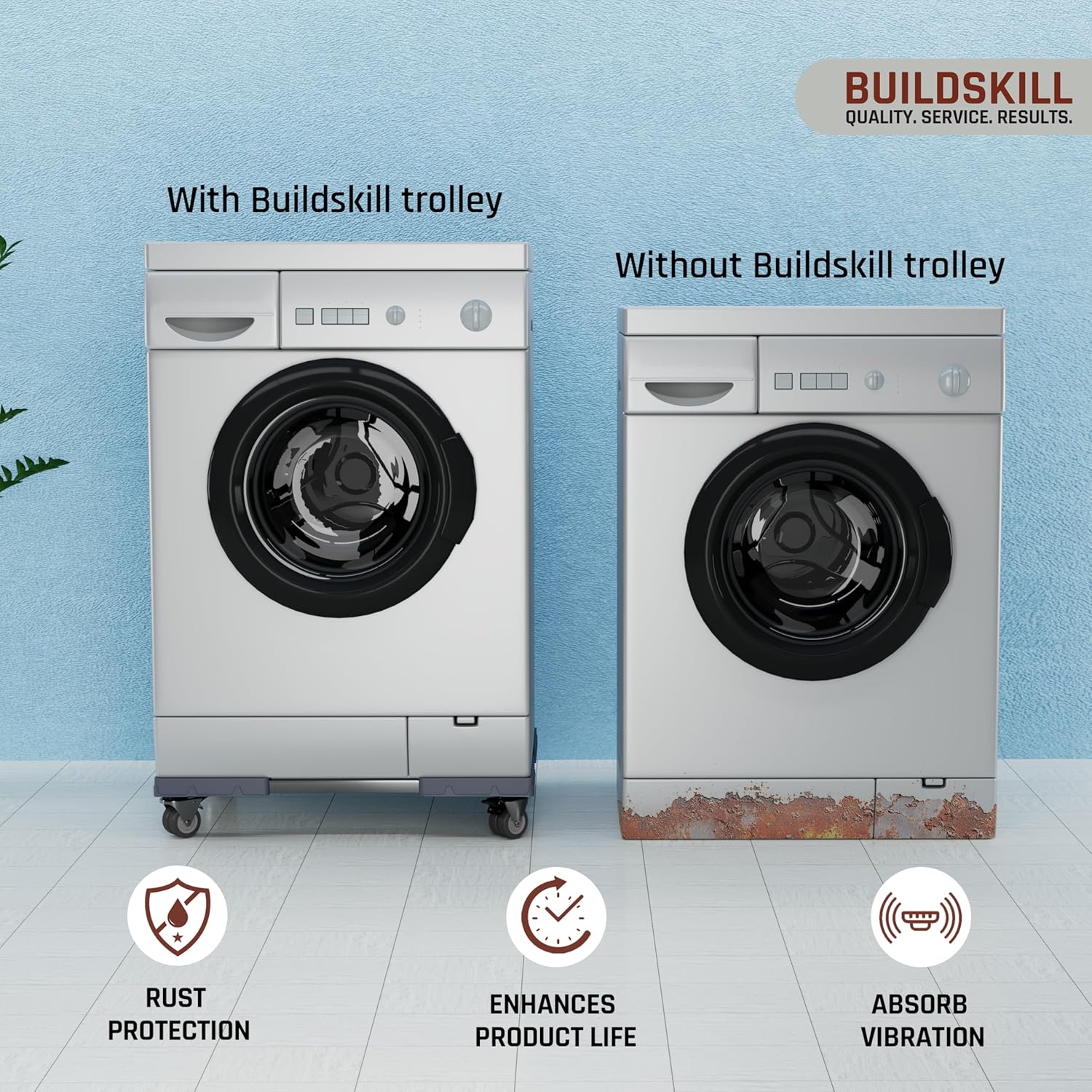 BUILDSKILL 200Kg Washing Machine Stand Adjustable | SS Tubes | 360° Rotating Double Wheels with Lock | Absorbs Vibration | Anti-Skid Top & Front Load Washing Machine Trolley (Grey)