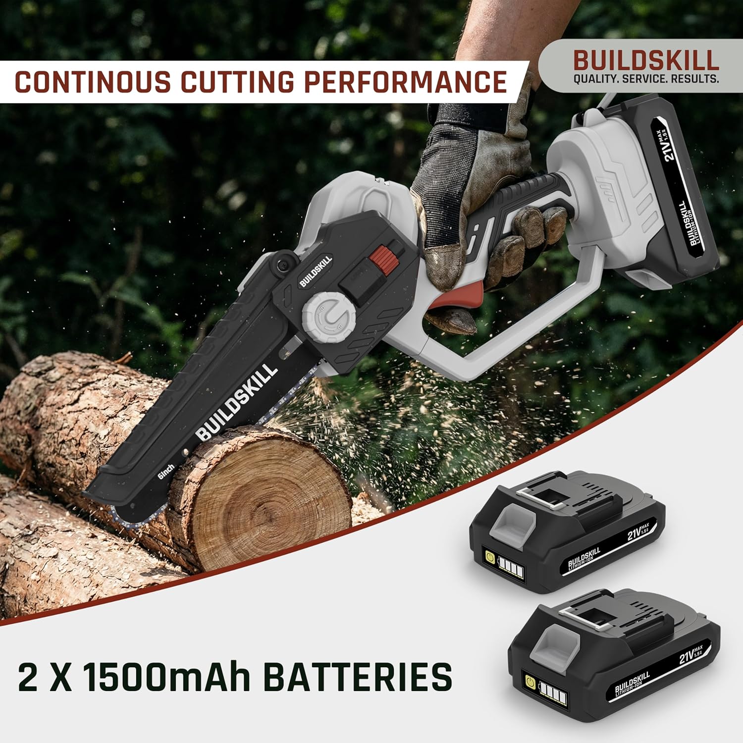 BUILDSKILL 21V Cordless Chainsaw Machine | 6 inch Bar | 3600 RPM Copper Motor | 2 x 1.5AH Battery | Chain tensioning button, safety lock | Mini Chainsaw Machine for Wood Cutting, Gardening & DIY Use