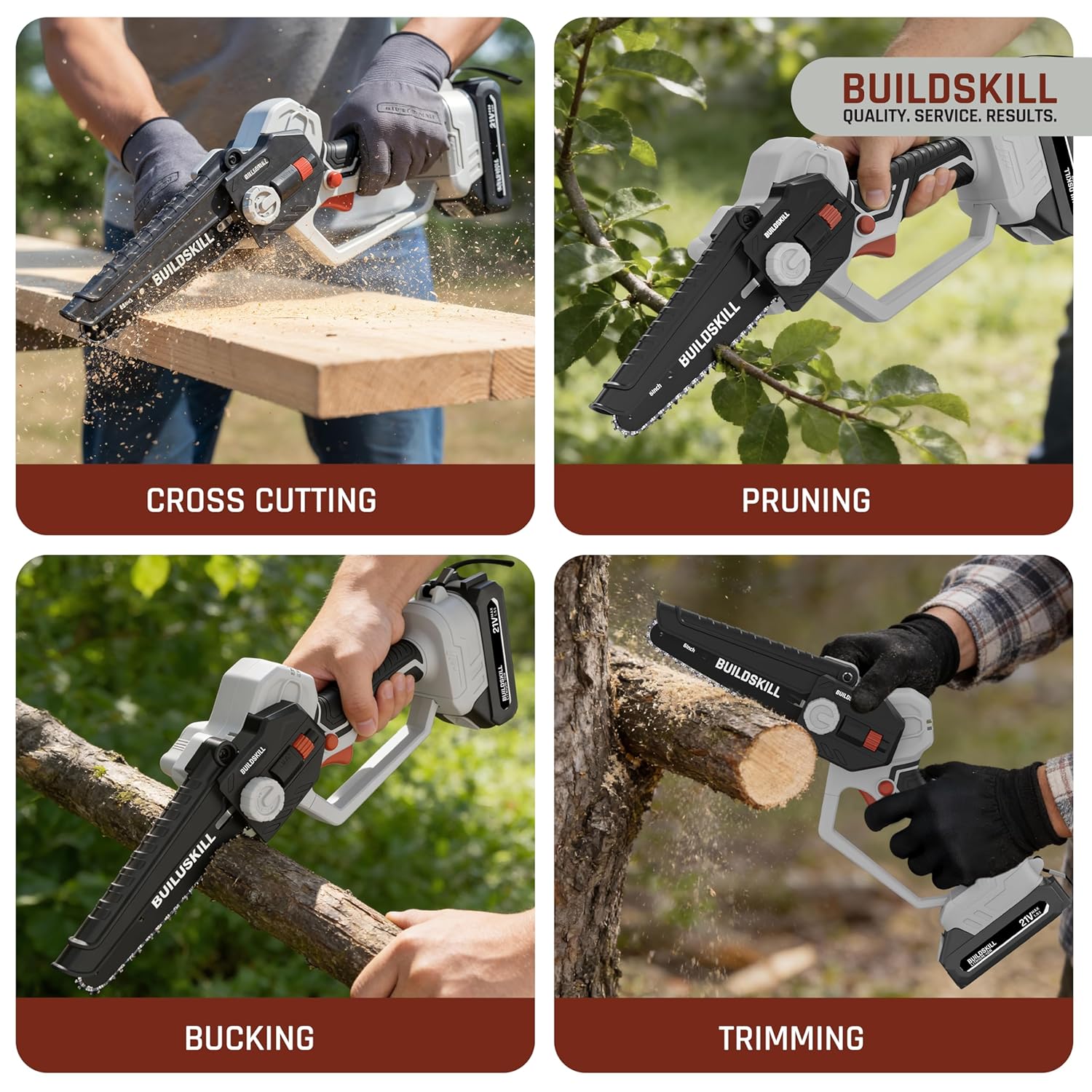BUILDSKILL 21V Cordless Chainsaw Machine | 6 inch Bar | 3600 RPM Copper Motor | 2 x 1.5AH Battery | Chain tensioning button, safety lock | Mini Chainsaw Machine for Wood Cutting, Gardening & DIY Use