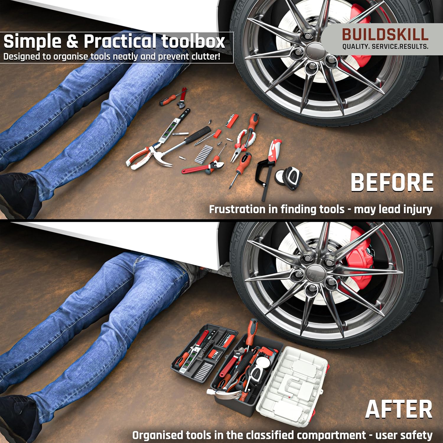 BUILDSKILL 13" Small Tool Box for Home | Convenient Top Lids & Removable Tool Tray | Secure Latch Lock | Key Hole | Heavy Duty Impact Resistant Body | Ideal Repair Toolbox for DIY & Professional Use