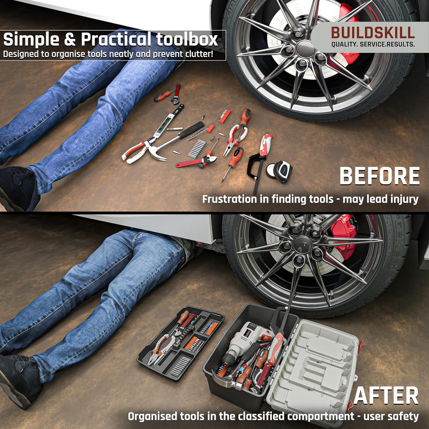 BUILDSKILL 16" Medium Tool Box for Home | Convenient Top Lids & Removable Tool Tray | Secure Latch Lock | Key Hole | Heavy Duty Impact Resistant Body | Ideal Repair Toolbox for DIY & Professional Use