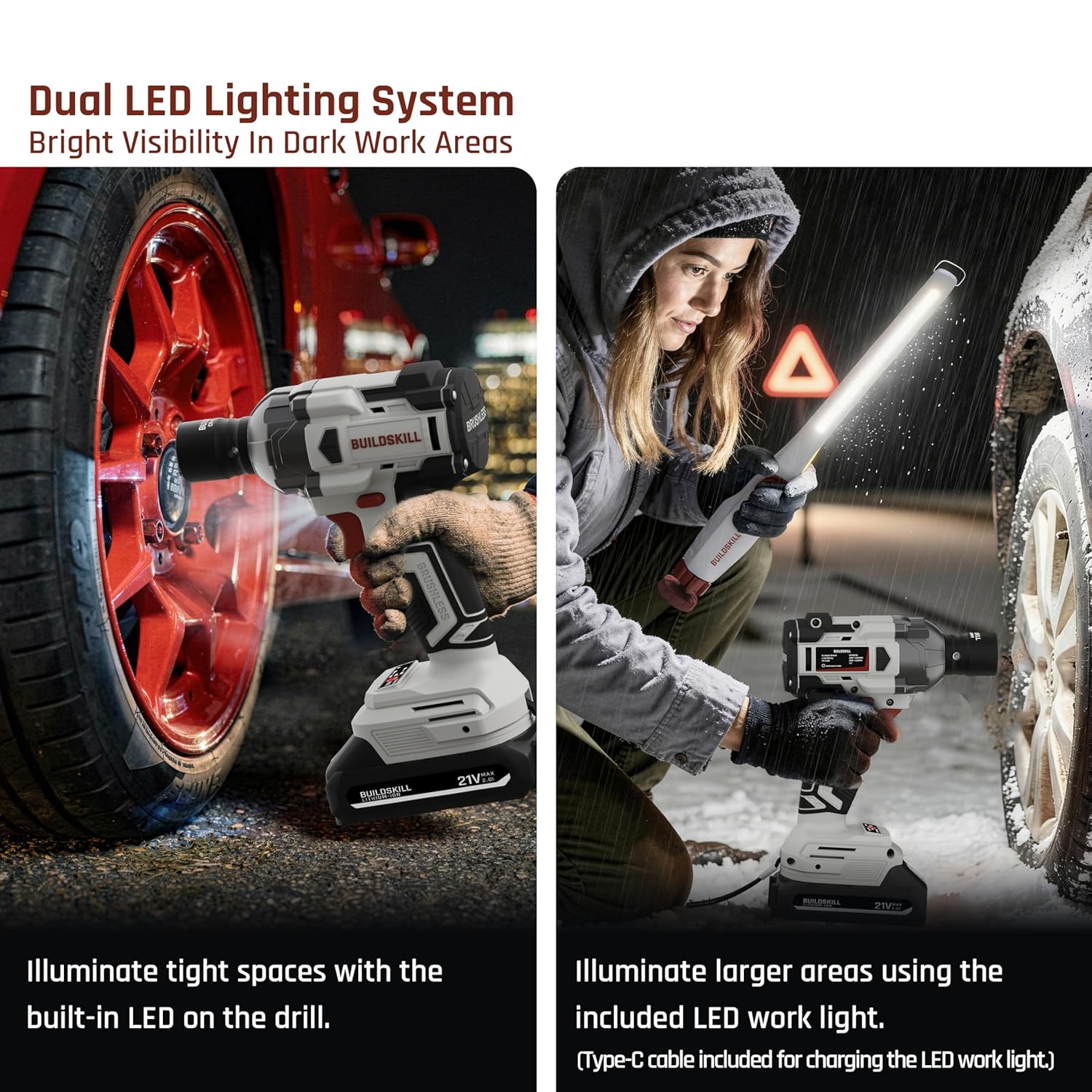 BUILDSKILL 21V - 1/2" 400NM BLDC Cordless Impact Wrench Set | 2 x 2.0Ah Battery | 10 Pcs Socket + 10 Pcs Screwdriver Bit | LED Light | 3400-4500 RPM | 2800-3200 Impact Rate | 2.0A Fast Charger