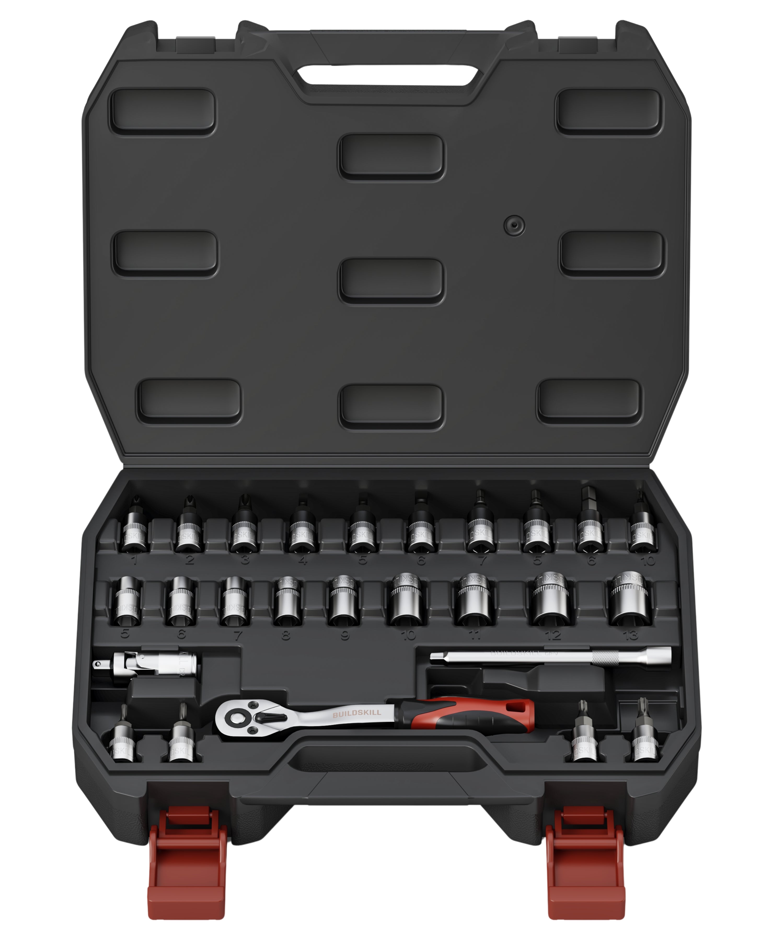 BUILDSKILL 1/4 inch socket set | 26 piece - heavy duty CR-V material | 4" extension bar | bits | quick release reversible ratchet | TPR anti-slip grip | socket wrench set for car & bicycle repairing
